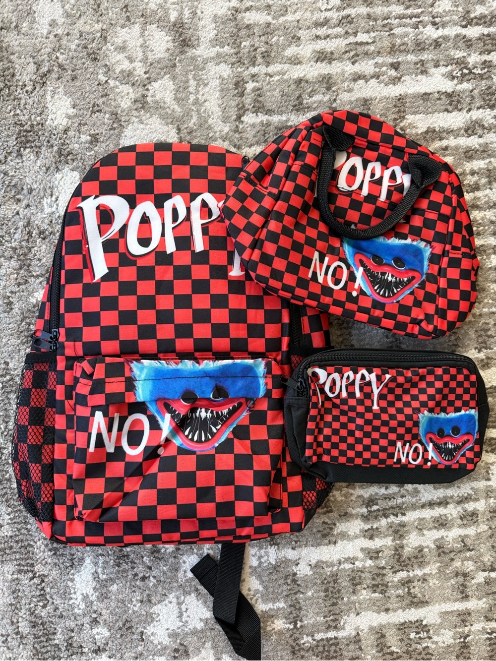 Poppy Red & Black Check Kids Backpack Set - 3-Piece